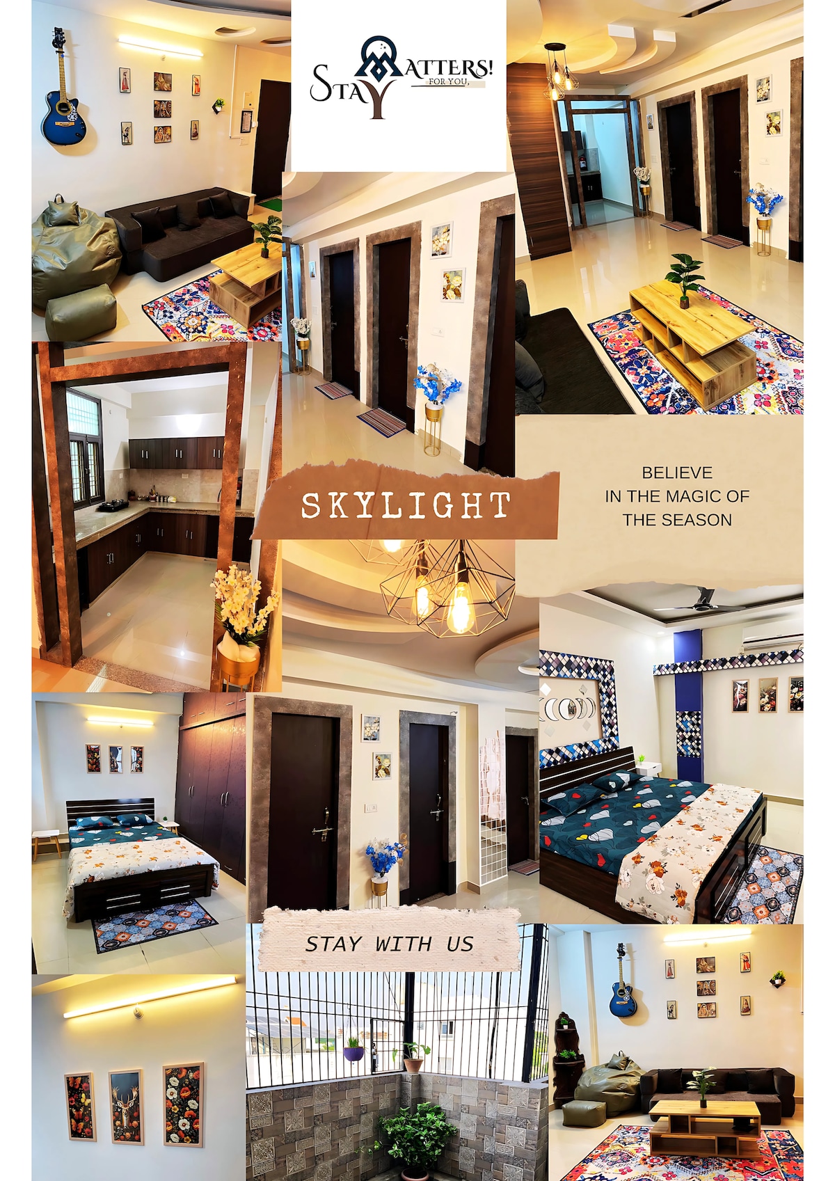 The image showcases a spacious interior with a cozy hall featuring stylish furnishings and decorative rugs. Two inviting bedrooms are visible, each with comfortable bedding. A modern kitchen area is highlighted, complemented by balcony views that enhance the overall ambiance.