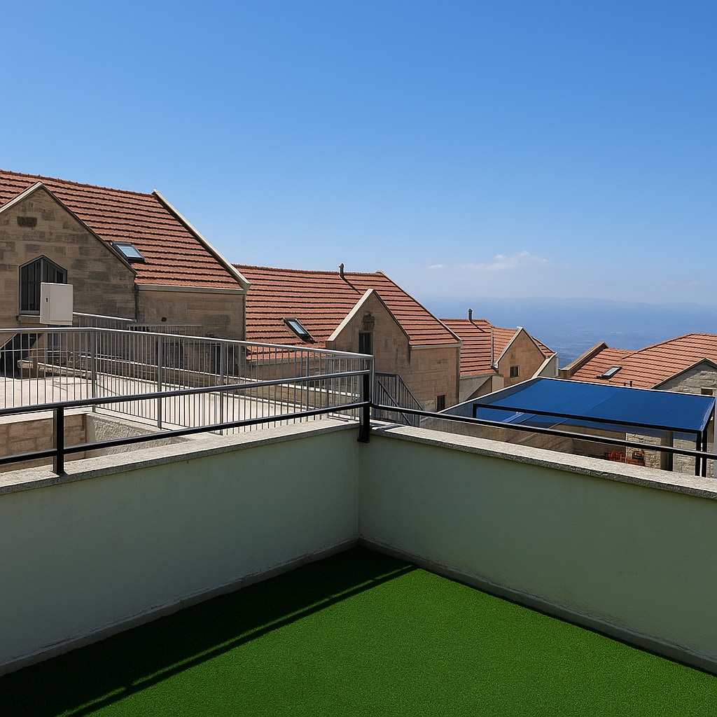 A balcony is shown, featuring a green artificial grass surface. In the background, a view of charming stone homes with red tiled roofs is visible under a clear blue sky.