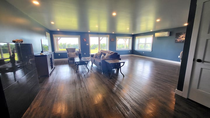 ספה נפתחת, בגודל קווין סייז. התריסים סגורים ומחשיכים את החדר. 