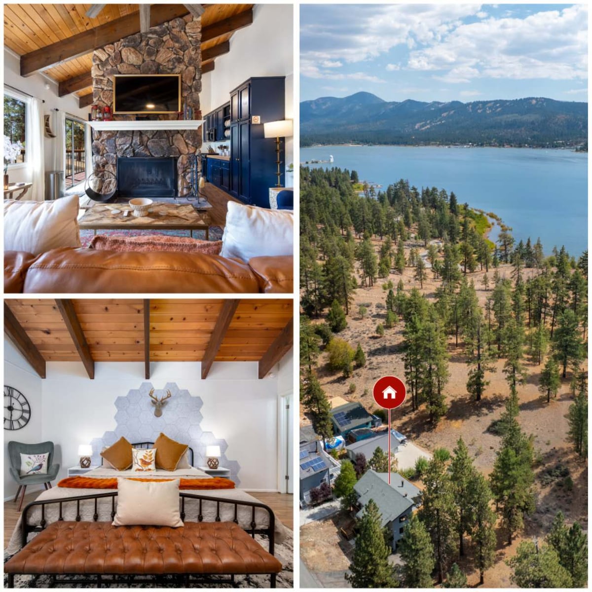 The inviting living room features a stone fireplace framed by wooden beams, offering a cozy spot for relaxation. The picturesque view of the lake and mountains is visible through large windows, creating a serene atmosphere. The outdoor landscape showcases lush greenery and tranquility.