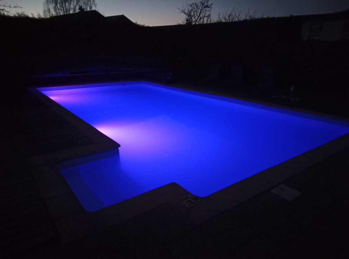 The outdoor swimming pool is illuminated with soft purple lighting, creating a serene ambiance at dusk. Surrounding the pool are lounge chairs positioned on a stone patio, providing a relaxing space for guests to unwind.