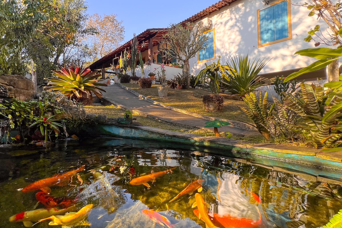 A serene garden setting is showcased, featuring a clear pond filled with colorful koi fish. Lush greenery surrounds the area, with various plants and flowers creating an inviting outdoor space. The main house is visible in the background, nestled among the natural landscape.