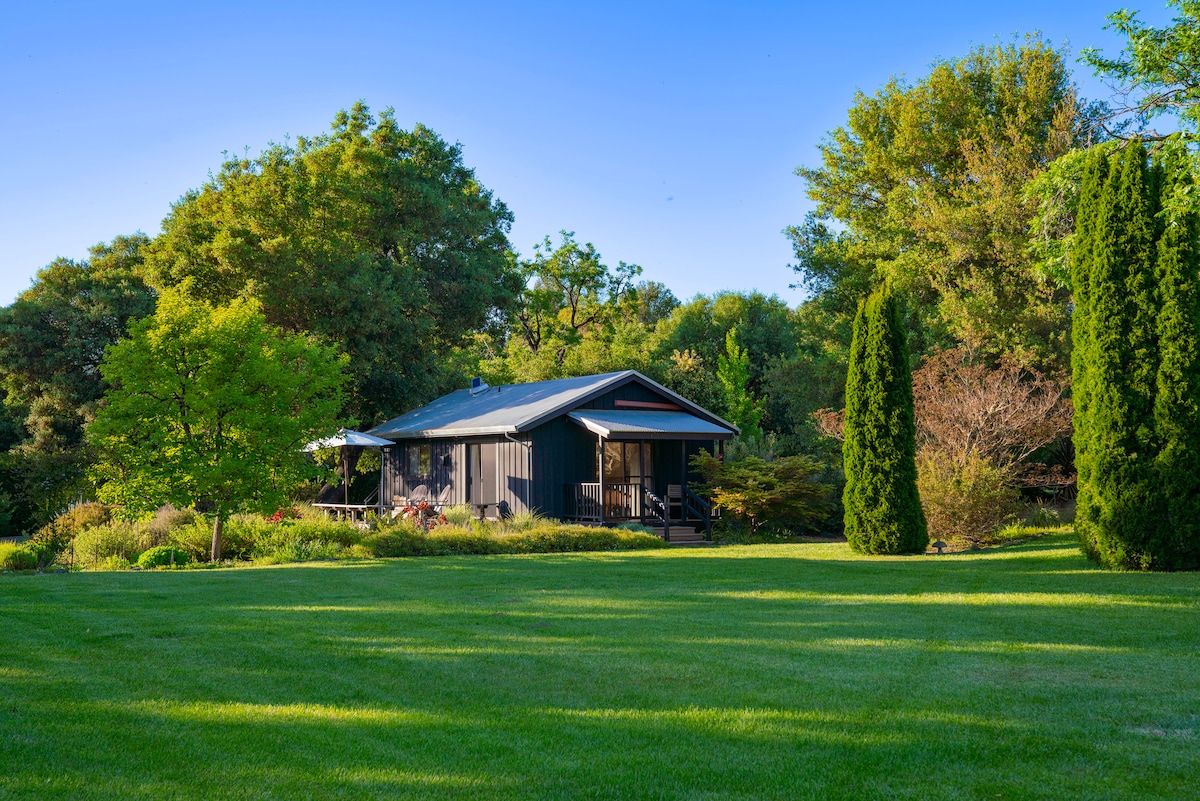 A black cottage is nestled among lush greenery, featuring a sloped roof and covered porch. Tall, slender evergreens frame the structure, while a spacious lawn provides a serene setting. The scene is enhanced by abundant trees and decorative landscaping in the background.
