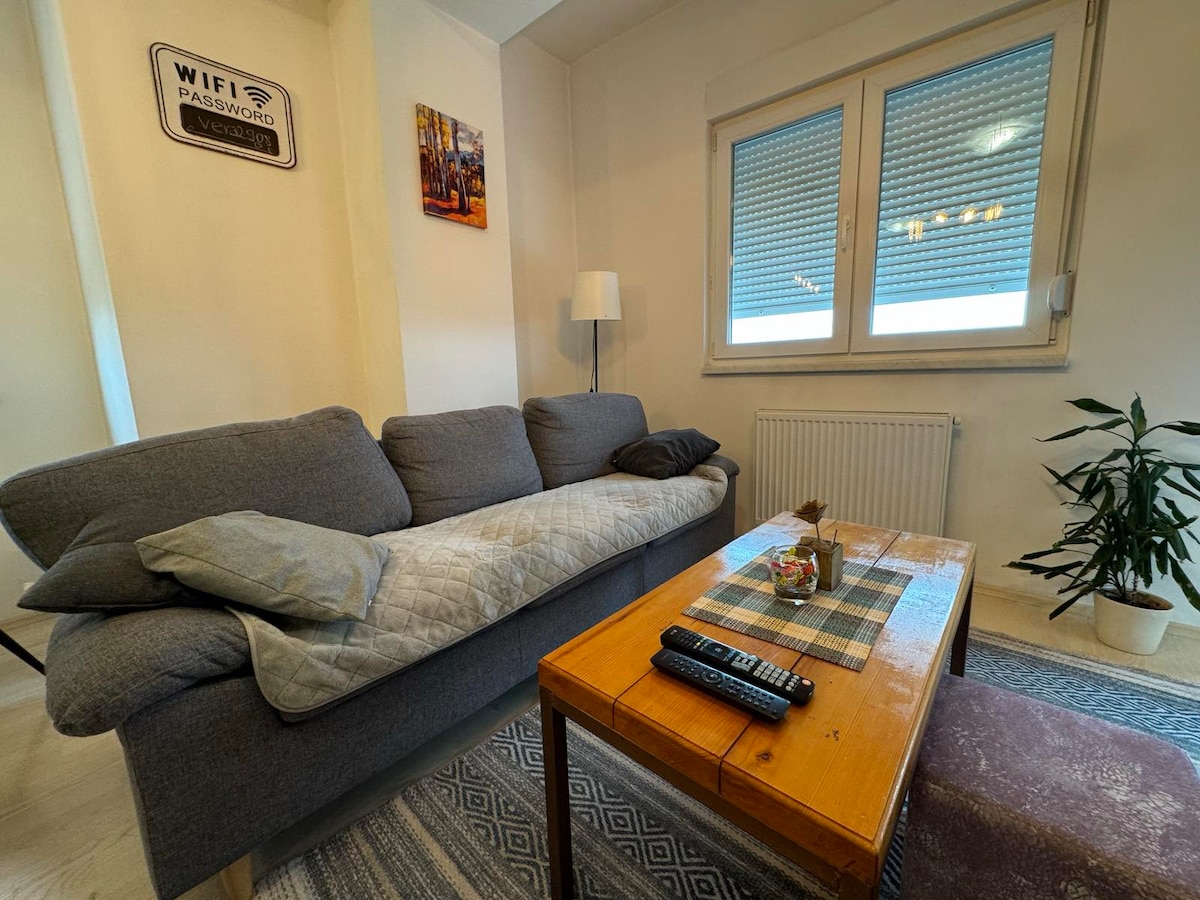 A comfortable seating area features a gray sofa adorned with a light blanket. A wooden coffee table sits in the foreground, displaying a small decorative arrangement. A plush pouf and a potted plant create a cozy environment, while natural light enters through the window.