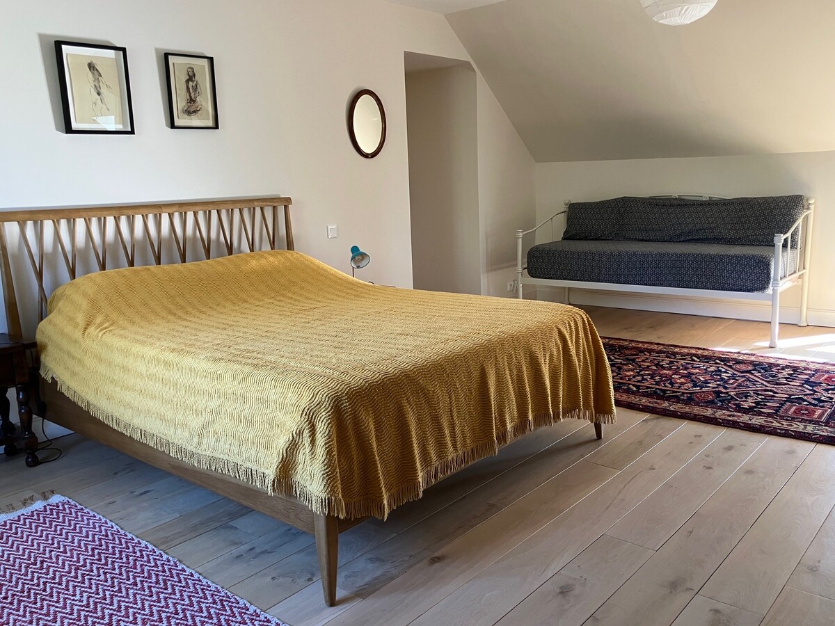 Chumba kikubwa cha kulala chenye kitanda 1 cha ukubwa wa malkia mara mbili na kitanda 1 cha diwani