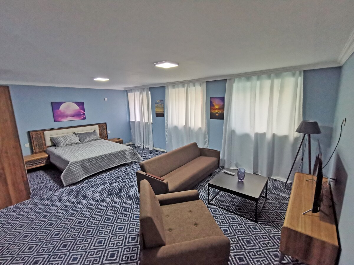 The studio apartment features a spacious sleeping area with a large bed surrounded by light blue walls. Two tall windows are dressed in sheer curtains, allowing natural light to fill the room. A seating area includes a sofa and armchair, accompanied by a small coffee table and a television.
