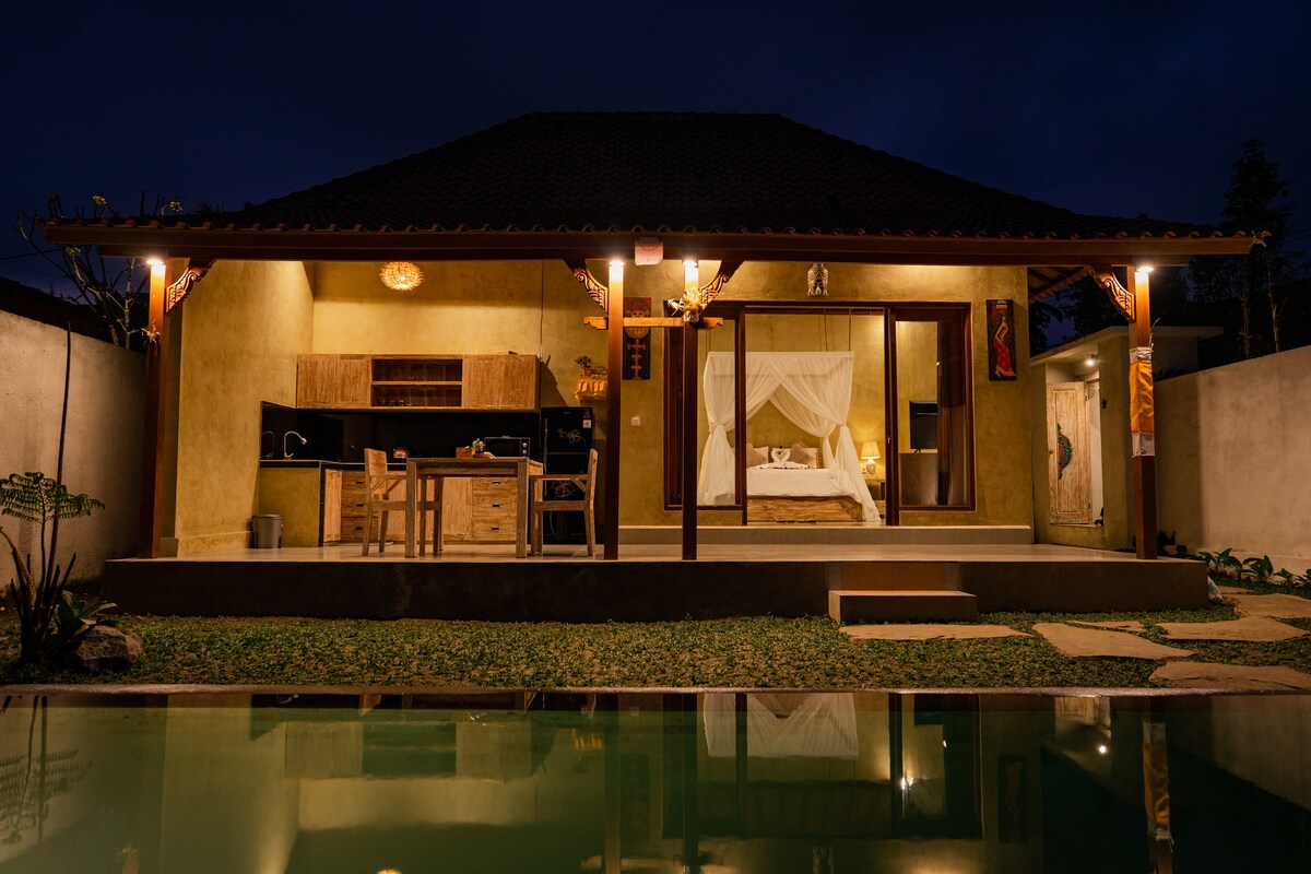 The villa's exterior is illuminated softly at night, showcasing a spacious open layout. A kitchen area is visible through large glass doors, while a comfortable sleeping area is highlighted by sheer drapery. A private pool reflects the surrounding greenery and tranquil atmosphere.