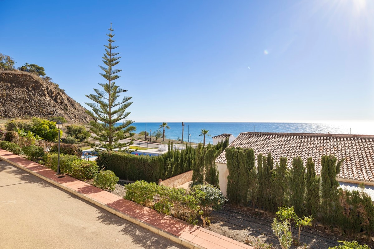 A scenic view showcases the Mediterranean Sea meeting the clear sky. Lush greenery, including well-maintained shrubs and a tall pine tree, frames the foreground, while the distant beach area features a pool and walking paths, providing a serene coastal atmosphere.