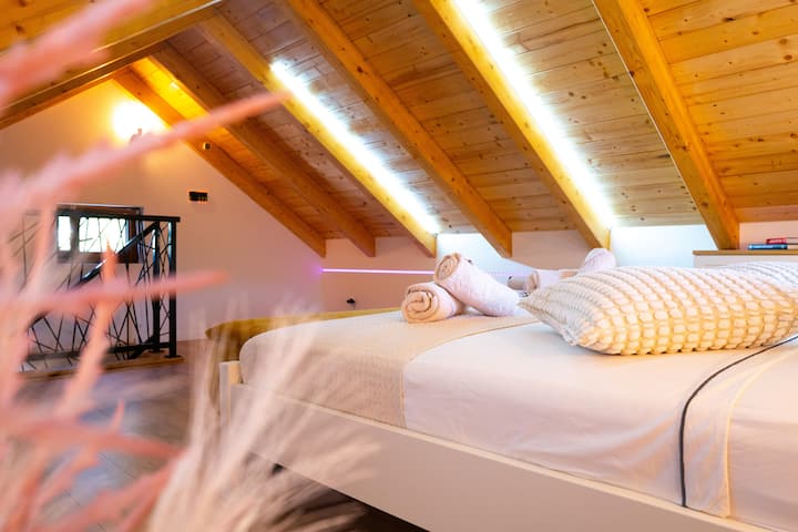 Bedroom - Queen Size Bed, Customizable lightning, Projector with Denon Soundbar, separate AC and fan as desired