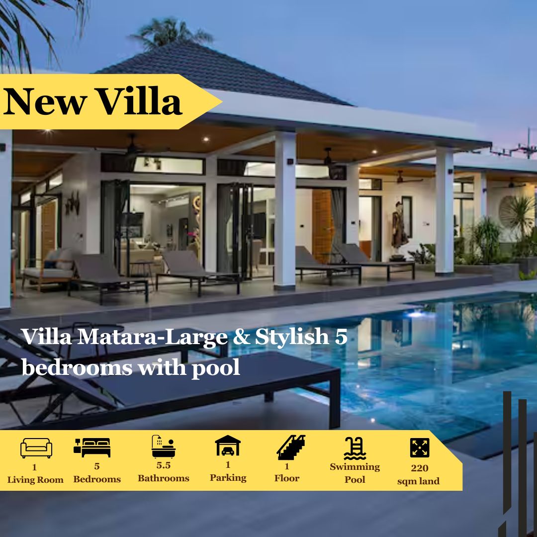 A modern villa showcases a spacious outdoor area featuring a private swimming pool, surrounded by lush tropical landscaping. The open-plan design integrates indoor and outdoor living, with large glass doors providing a seamless transition. Covered parking is visible to the side of the villa.