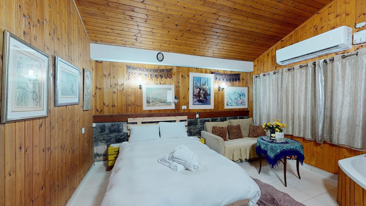 A cozy studio space features wooden walls and a high ceiling. A spacious bed is complemented by soft linens, while a comfortable seating area includes a sofa and decorative cushions. Artwork adorns the walls, and natural light enters through window drapes.