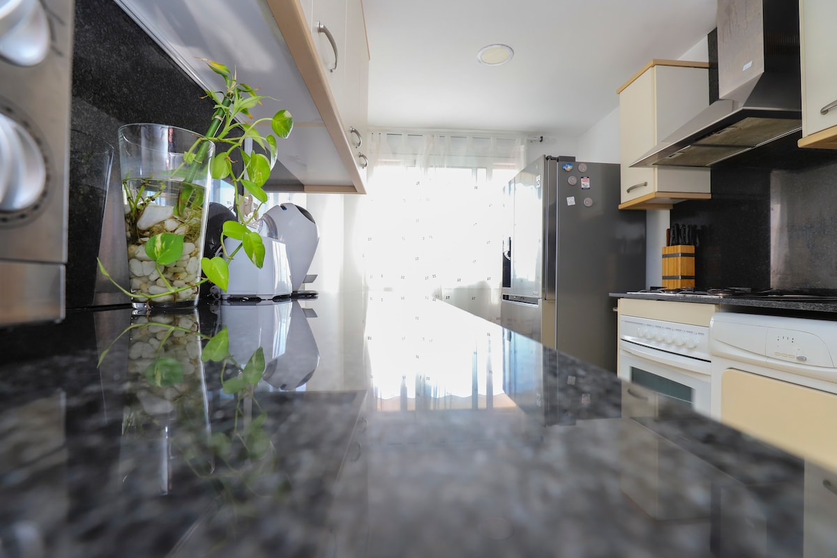 A modern kitchen is highlighted with sleek granite countertops and a view of natural light streaming through the sheer curtains. Kitchen equipment is neatly arranged, and cabinets are stocked for convenience. A potted plant adds a touch of greenery to the clean and functional space.