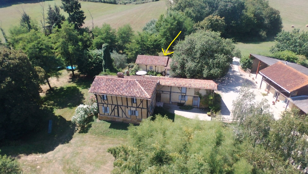 Aerial view of the property showcases a rustic structure alongside a green landscape. Surrounding trees and open fields are visible, along with a glimpse of the swimming pool area. The layout highlights the spaciousness and seclusion of the surroundings.