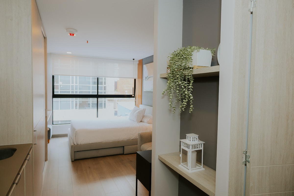 A modern studio space is depicted, featuring a spacious bed illuminated by natural light from a large window. Minimalist shelving holds decorative plants and a small lantern, while wooden cabinetry completes the warm design. Soft, neutral tones contribute to a serene atmosphere.