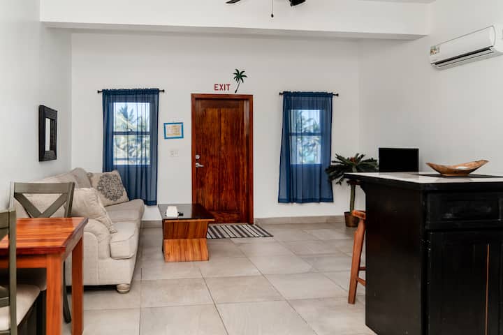 סלון מרווח עם ספה נוחה עם מיטת קווין סיידר