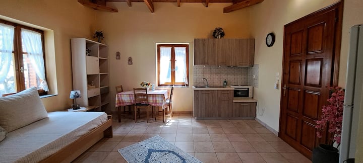 Sala de estar con cocina pequeña. Debajo de la cama individual ancha hay una segunda cama individual que entra en la posición de la mesa.