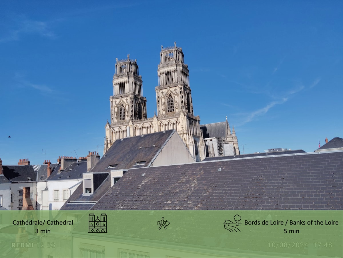 The image showcases the twin towers of the Cathedral rising against a clear blue sky. The rooftops of nearby buildings are visible in the foreground, highlighting the architectural character of the area.