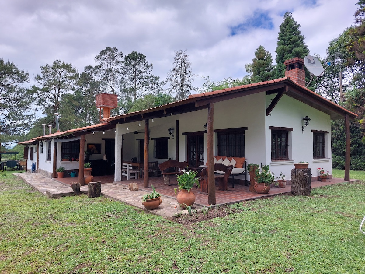 A charming single-story house is surrounded by greenery and features a spacious patio. The entrance is framed by wooden beams, while potted plants line the pathway. Cozy seating areas are visible, along with a stone fireplace, contributing to a relaxed setting.
