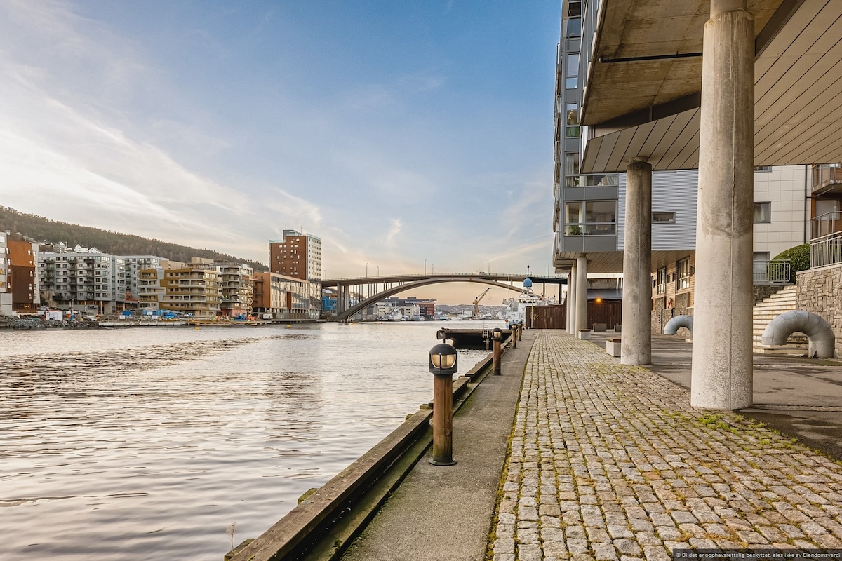 The image captures a serene riverside view featuring a cobblestone walkway lined with lamps. In the background, a modern arch bridge spans the water, while buildings and mountains create a scenic backdrop under a soft blue sky.