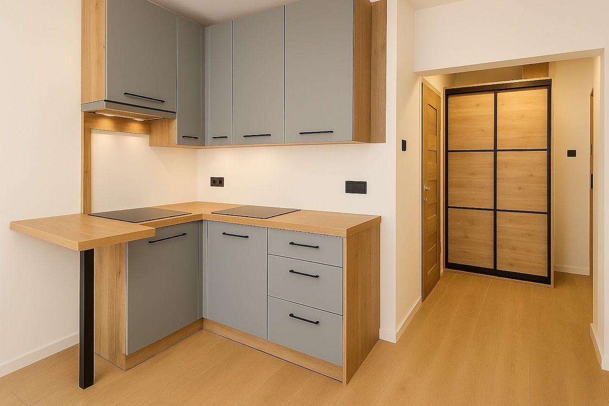 A modern kitchen features sleek gray cabinetry paired with light wood accents. A minimalist countertop extends into a small dining area. The space is illuminated by under-cabinet lighting, creating a bright and functional atmosphere. An entrance is visible in the background leading to the hallway.