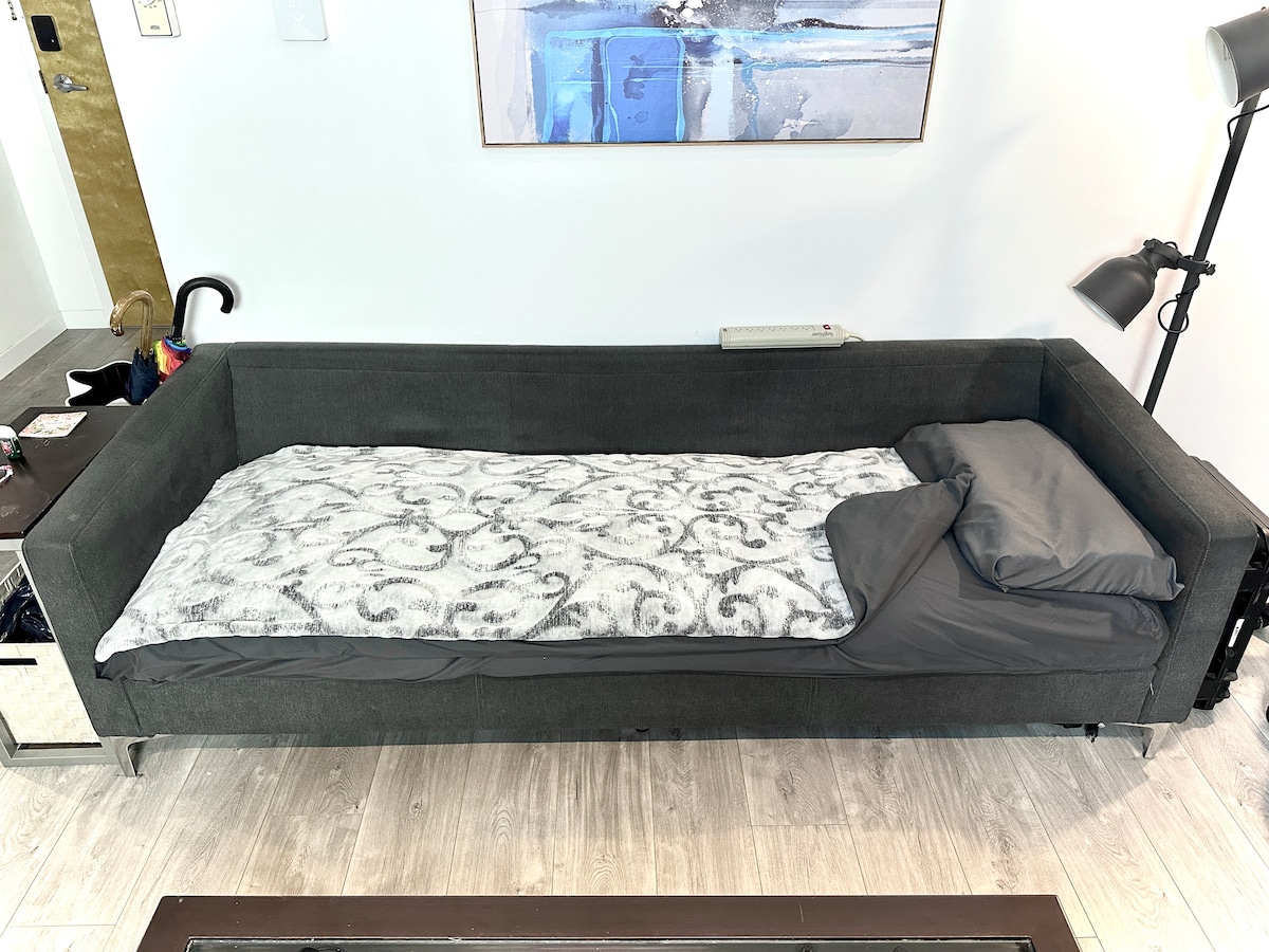 הכריות האחוריות יכולות לרדת ויש סט סדינים זוגיים שמתאים לספה כדי להפוך אותה לאפשרות מתאימה לאורח נוסף לישון עליה.