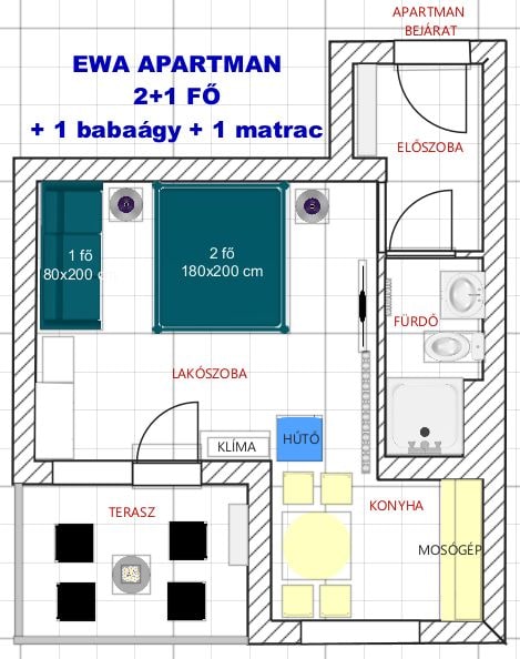 The layout features a central living area connected to a kitchen and bathroom, with a designated sleeping area accommodating up to four guests. A baby crib is also included, alongside a spacious terrace for outdoor seating.
