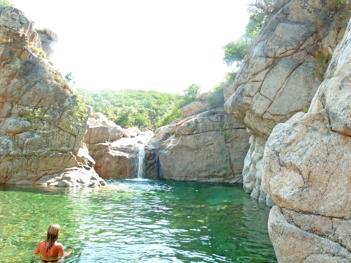 A natural swimming area is depicted with clear green water surrounded by large rocky formations. A small waterfall can be seen cascading down the rocks into the pool, and lush greenery is visible in the background, enhancing the serene outdoor setting.