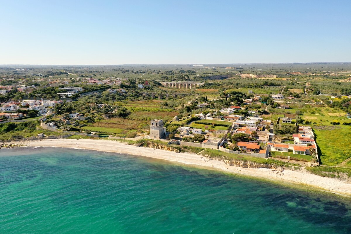 The image captures a coastal view showcasing a soft sandy beach along clear turquoise waters. In the background, a historic tower is visible, surrounded by lush greenery and residential areas, with rolling landscapes extending towards the horizon.