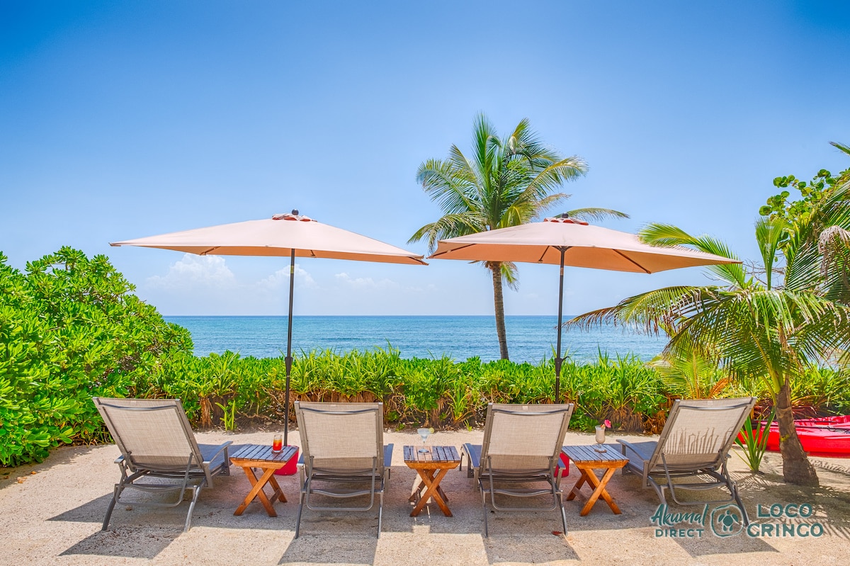 Four sun loungers arranged with small wooden side tables sit under large umbrellas, overlooking the tranquil waters of Jade Bay. Lush greenery frames the scene, complemented by palm trees swaying gently in the breeze against a clear blue sky.