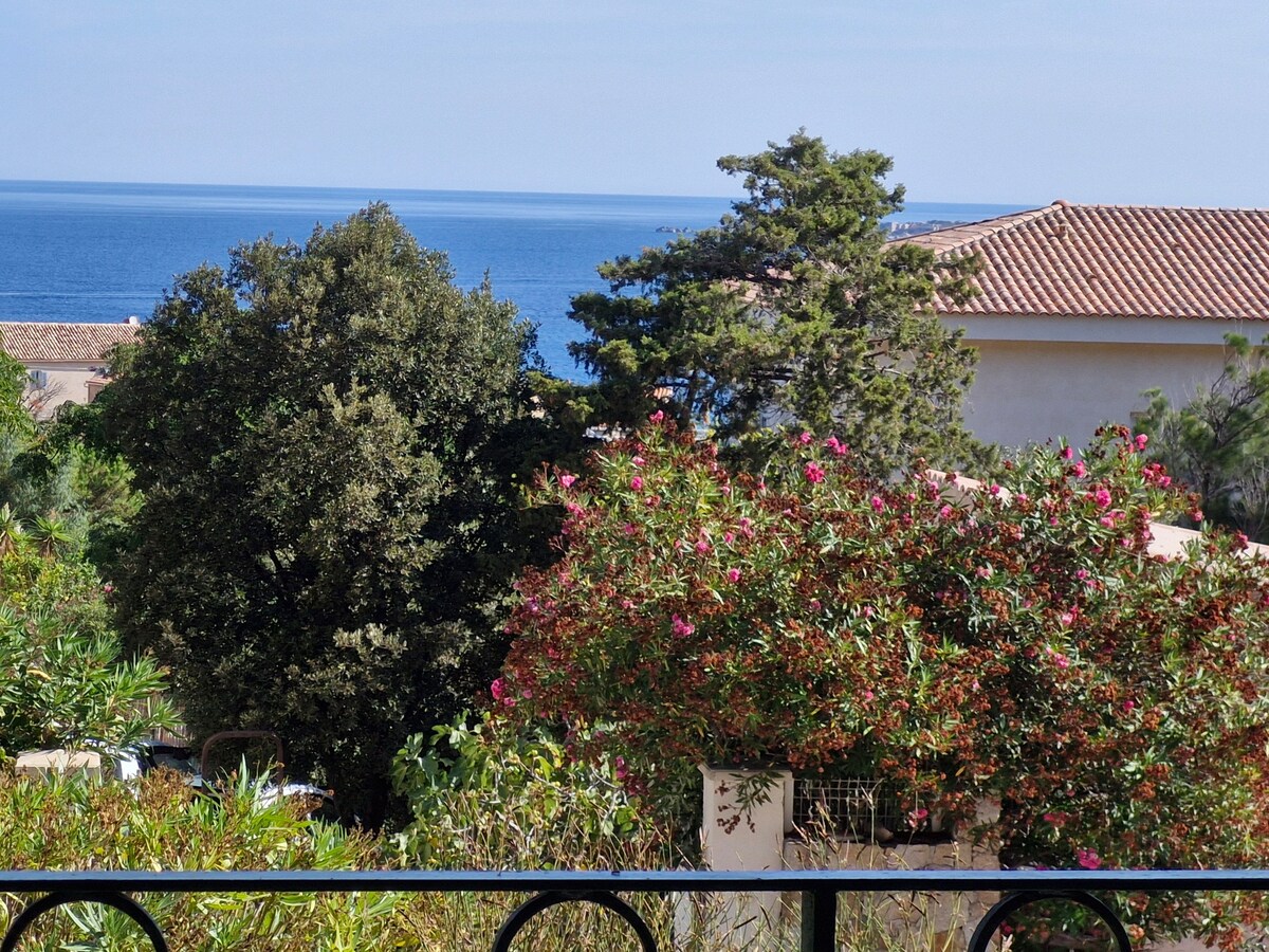 A view of the sea is framed by lush greenery and blooming flowers. The landscape features a mix of vibrant colors with various plants, providing a natural atmosphere. The clear blue sky meets the horizon over the calm waters, enhancing the serene setting.