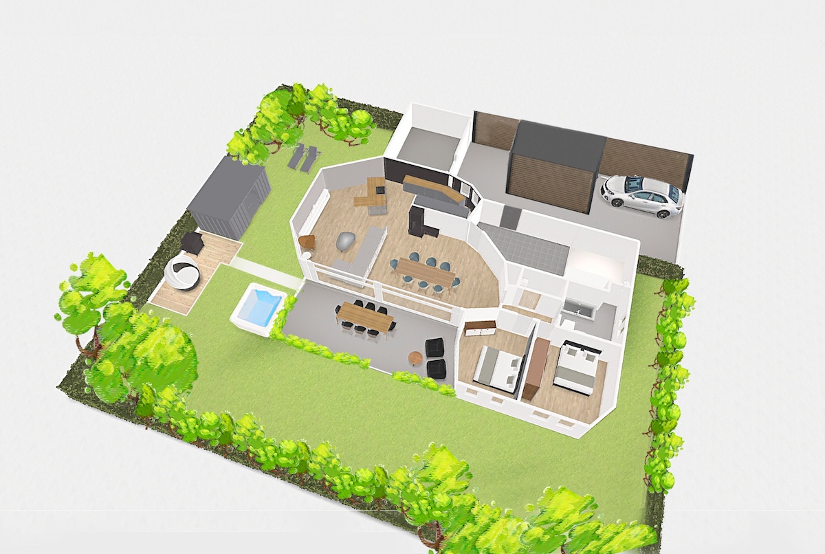 An aerial view of the modern Eifel chalet nestled within a green garden. The layout includes a swimming pool, outdoor seating area, and hot tub. Multiple trees and landscaped areas surround the property, enhancing the tranquil outdoor space.