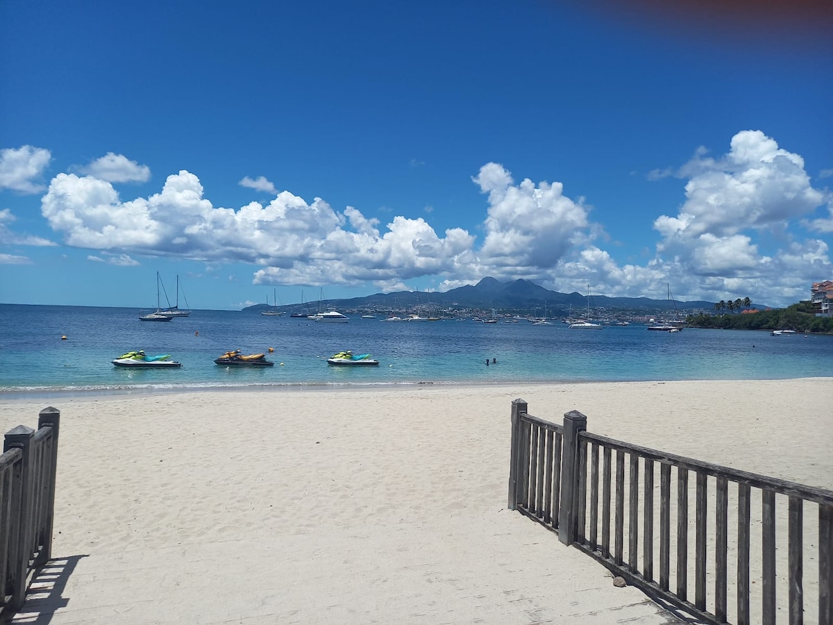 A sandy beach is visible with clear blue waters extending towards the horizon. Several boats are anchored in the distance, and a few individuals can be seen enjoying the water. Fluffy clouds dot the bright sky, adding a serene touch to the coastal scene.