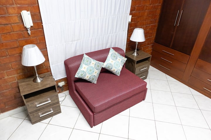 Small and cozy living room with sofa bed.