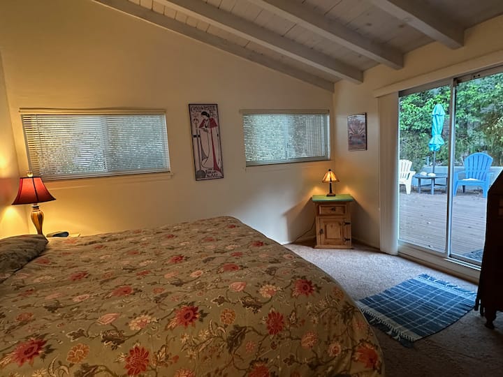 חדר שינה ראשי עם מיטת קינג סייז מפוצלת. גישה למרפסת האחורית.