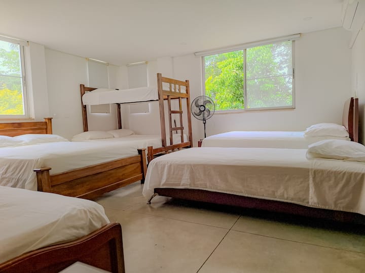 Quinto dormitorio (1er piso)
Dormitorio 5 (piso 1)
Accesible - Accesible
con 3 camas dobles, 3 camas individuales, aire acondicionado, ventilador, baño completo, vestidor.
