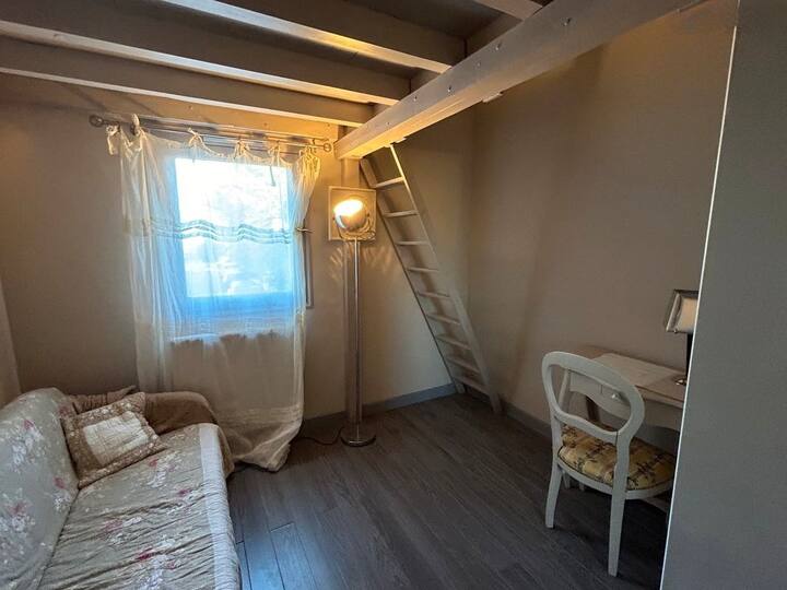 La habitación en la entreplanta 1 sofá (cama) 1 escritorio 1 impresora 1 armario  arriba 1 verdadero altillo   ventana  1 cama grande 140X200  1 TV grande  