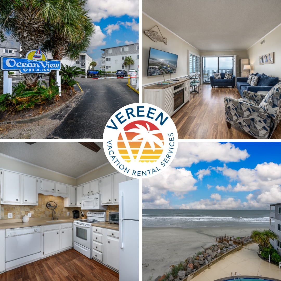 The colorful sign for Ocean View Villas is displayed prominently at the entrance, surrounded by palm trees. Inside, the living area features a blue patterned sofa, an entertainment center, and large windows showcasing ocean views. The kitchen is equipped with white appliances and wooden cabinets. A view of the beach is visible through the large balcony door.