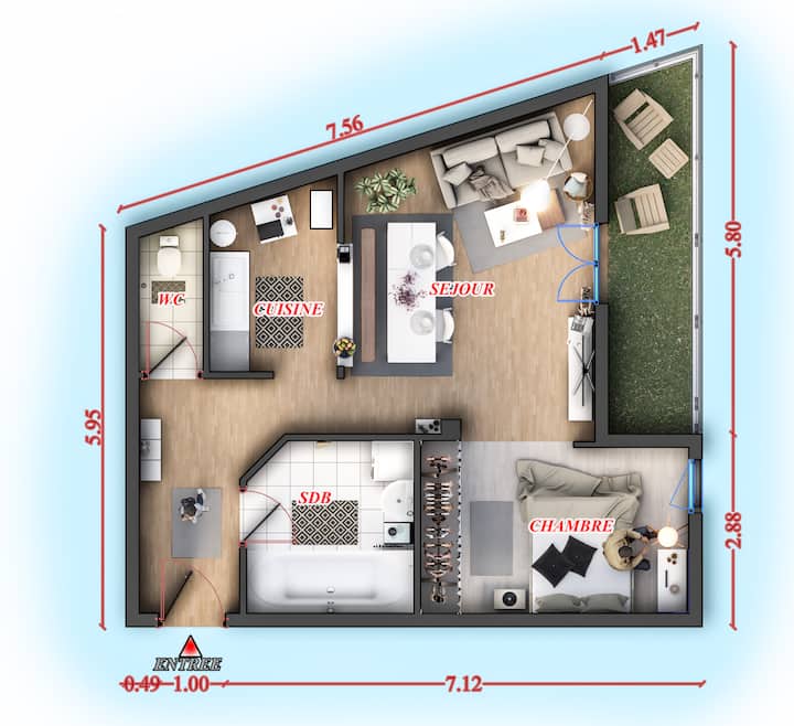 plano 2D que muestra la disposición de diferentes espacios en el apartamento 