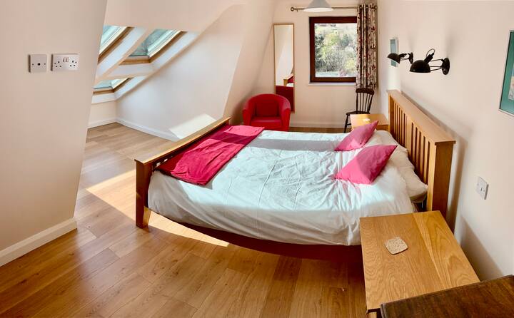 Cama tamaño king con baño adyacente y baño con ducha.