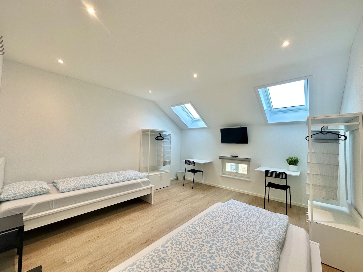 The room showcases two separate beds, each with light bedding. A small table and two chairs are positioned near a window. A flat-screen TV is mounted on the wall, above a minimal storage unit with hanging space. Natural light enters through skylights, brightening the space.
