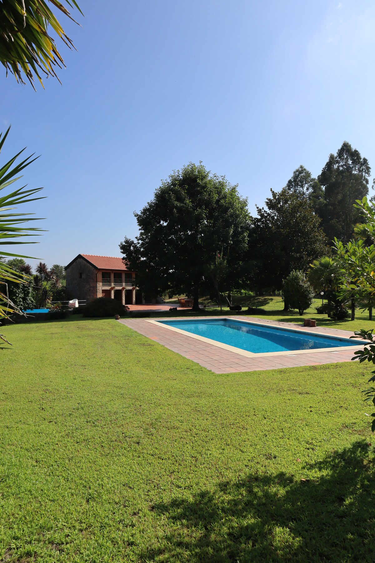 A well-maintained garden is featured, with a large lawn bordered by trees and shrubs. A private swimming pool is visible, surrounded by a clean patio. The inviting house stands in the background, framed by greenery under a clear blue sky.