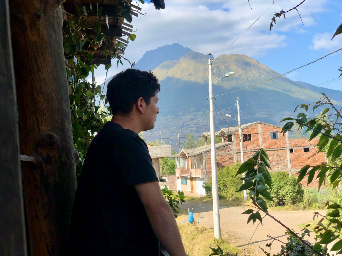 A scenic view captures a person gazing towards a mountain, surrounded by greenery. In the foreground, a rustic structure blends into the natural surroundings, while a quiet street is visible, with low-rise buildings lining either side.