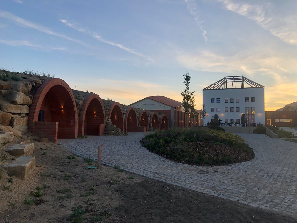 A unique architectural structure features arched entrances along a cobblestone pathway, leading to a modern white building. Lush greenery and a circular landscaped area create a harmonious outdoor setting, complemented by a sunset sky, providing a serene backdrop for the property.