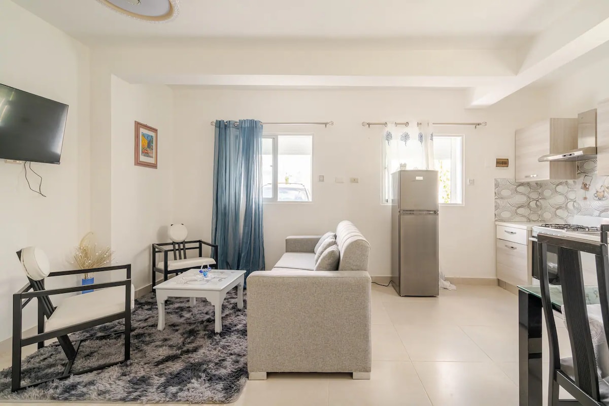 A light-filled living area features a comfortable gray sofa paired with two black chairs. A small coffee table sits on a soft area rug. A simple kitchen with modern appliances is visible, while a television is mounted on the wall. Bright curtains frame the window.
