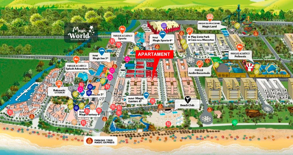 A detailed map is displayed, marking the location of the apartment within the Magic World area. Various entertainment and leisure facilities, such as restaurants and parks, are indicated, along with proximity to the beach. The apartment is clearly identified within the contextual layout.