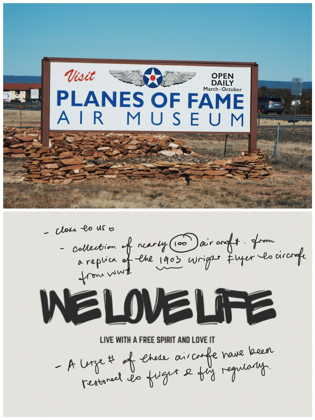 A large, welcoming sign for the Planes of Fame Air Museum is displayed, featuring the museum's name and operational details. The sign is surrounded by stacked stones and a clear sky, providing context for the museum's location and inviting exploration.