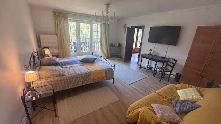 Ontdek een uitgestrekte slaapkamer van 30 m2 die comfort en elegantie combineert, met een eigen badkamer en een eigen toegang tot een groot balkon met een prachtig uitzicht op de accommodatie. Een perfecte ruimte voor een uitzonderlijk verblijf!