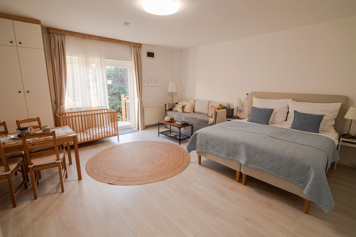 An open-plan living space features a spacious bed with light bedding and two accent pillows. A dining table with four wooden chairs sits adjacent to a cozy seating area, which is complemented by a soft rug. Natural light enters through a large window, leading to a small balcony.