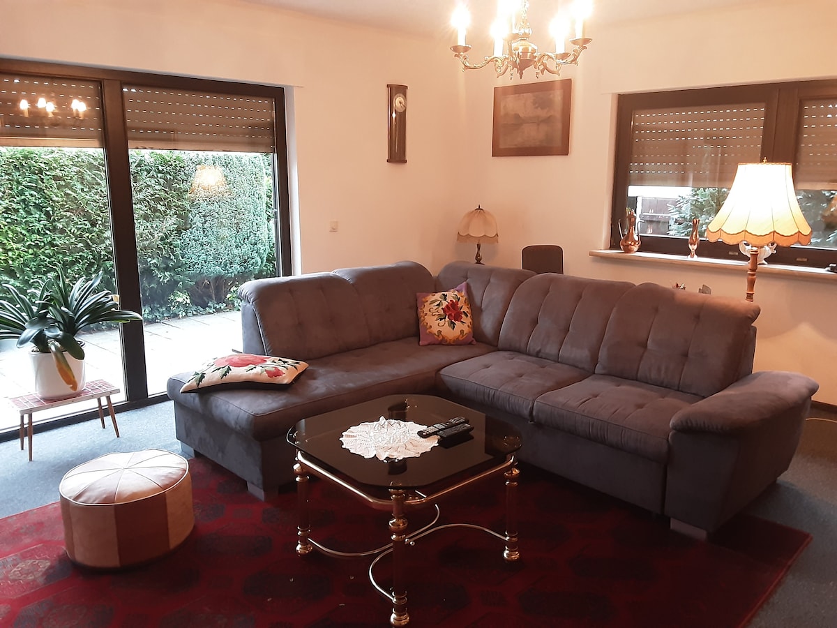 A spacious living area features a comfortable gray sectional sofa arranged around a glass coffee table. A decorative lamp and a potted plant add warmth, while large windows reveal a green outdoor space. A cozy area rug completes the inviting atmosphere.