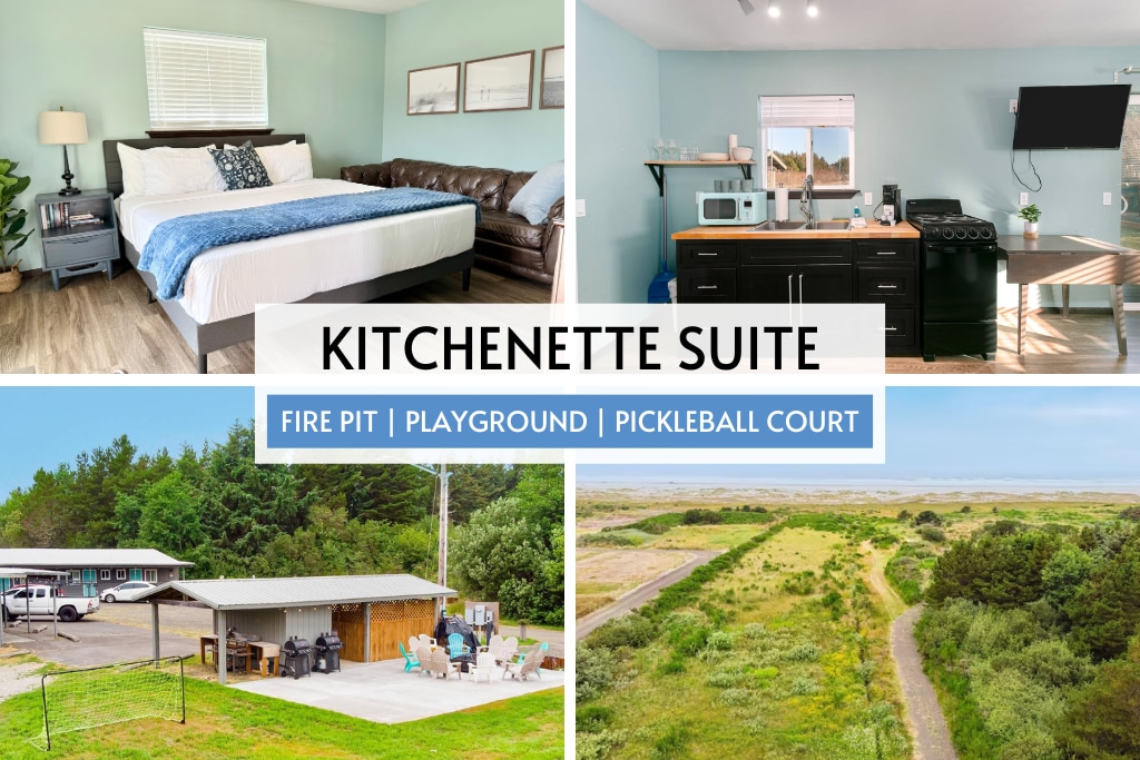 The image displays a kitchenette suite featuring a spacious bed adorned with a blue throw. A well-equipped kitchenette is visible with a microwave and stovetop. An outdoor view includes a playground and a pickleball court. Lush green areas and pathways enhance the natural surroundings.